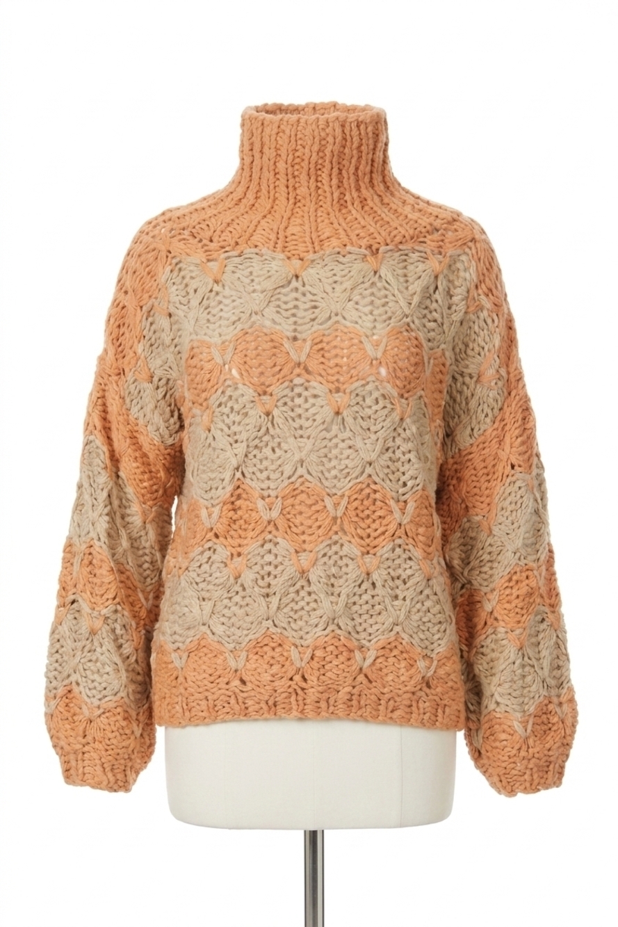 NEW POL open-knit chunky turtleneck sweater in beige papaya stripe